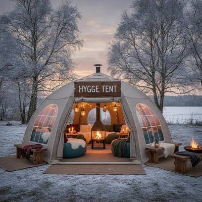 Danimarka Hygge Cozy Event Party Marquee Çadırı İzole edilmiş Sıcak Atmosfer Tasarımı Danimarka Dışarıdaki Sosyal Toplantılar